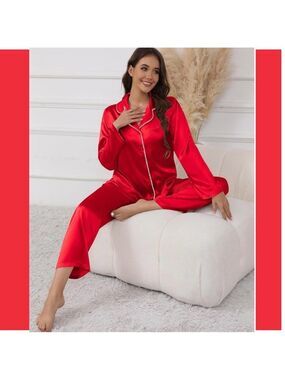 EKOUAER Red Satin 2 Piece Pajama Set US Sz M